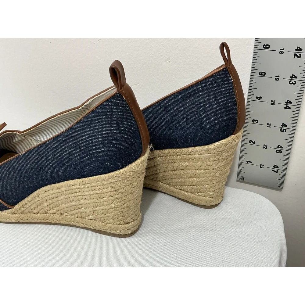 Womans Bass Anne 9.5 M Blue Denim Slip On Open Toe Espadrille Wedge Shoes